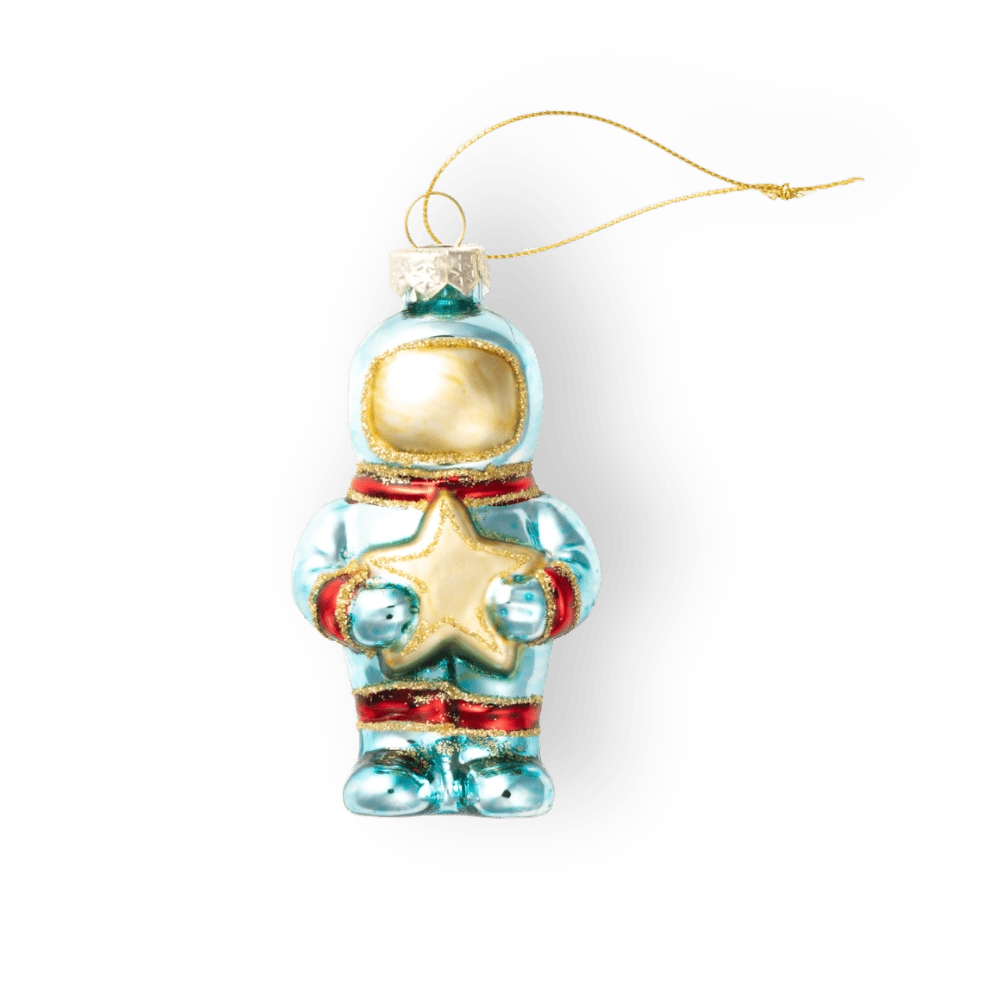 Chive glass astronaut ornament in blue with a gold helmet visor and red trim.