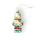 Chive glass astronaut ornament in blue with a gold helmet visor and red trim.