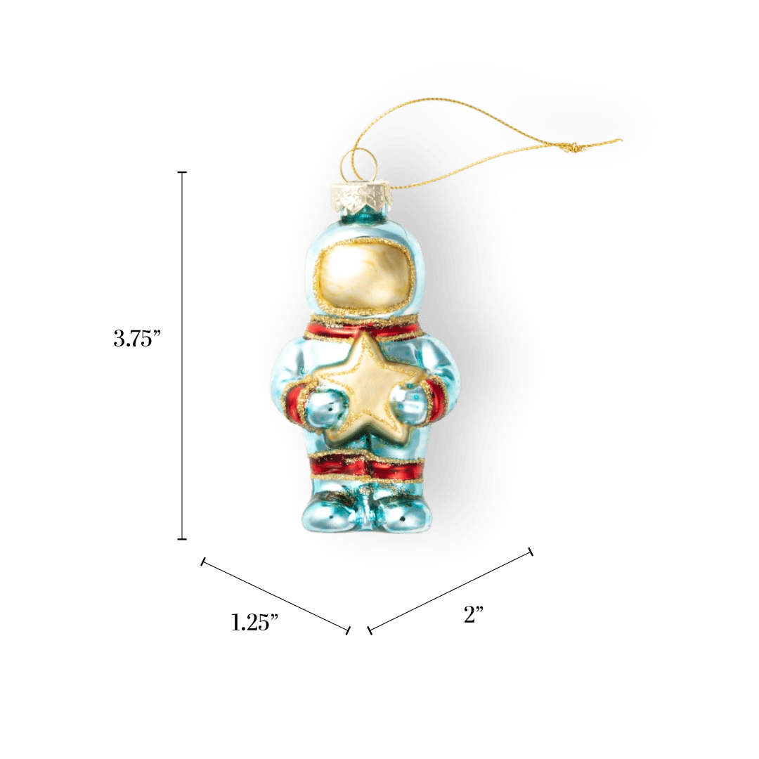 Chive glass astronaut ornament in blue holding a gold glitter star.