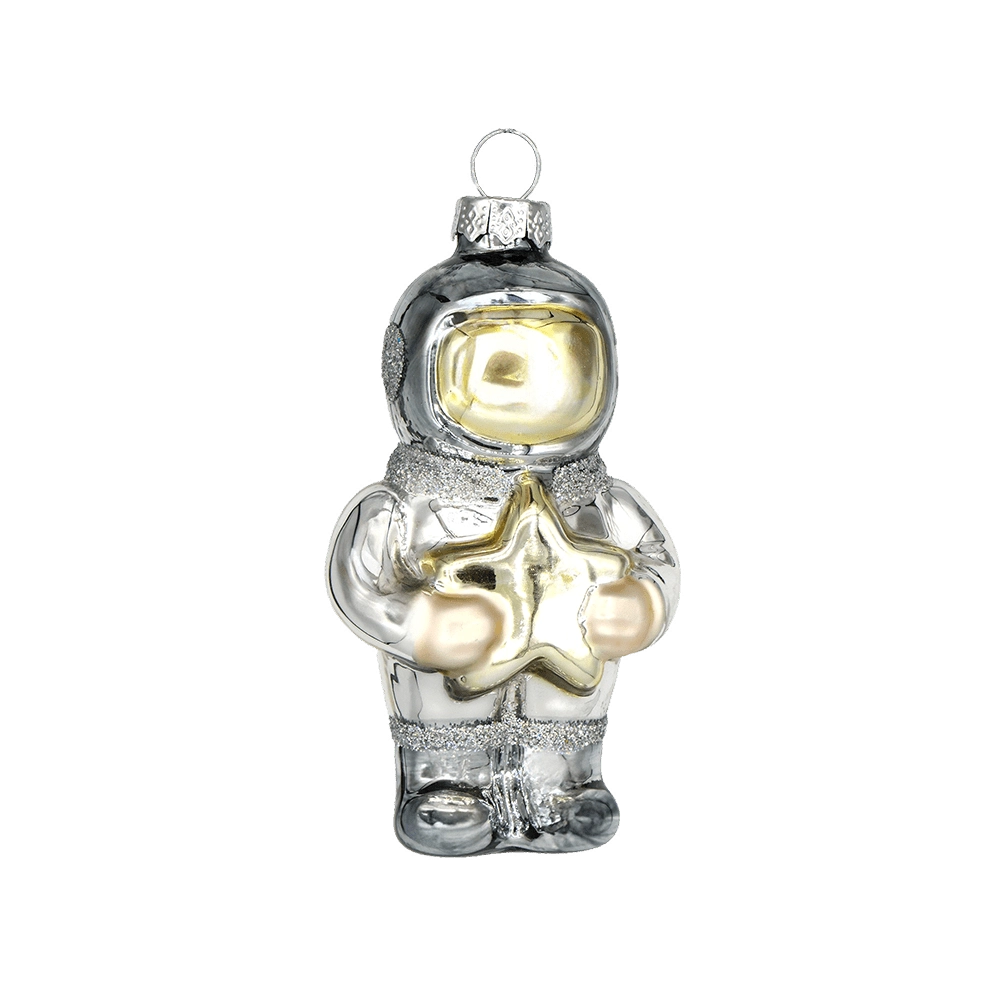 Chive glass astronaut ornament in silver holding a gold star with a gold visor.