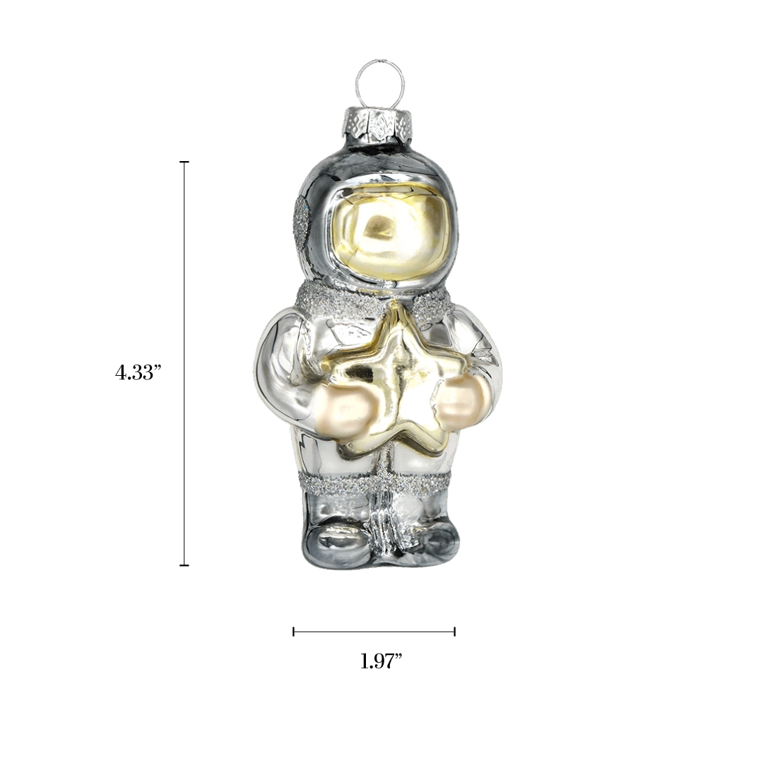 Chive glass astronaut ornament with a dimension diagram showing its standing figure size.