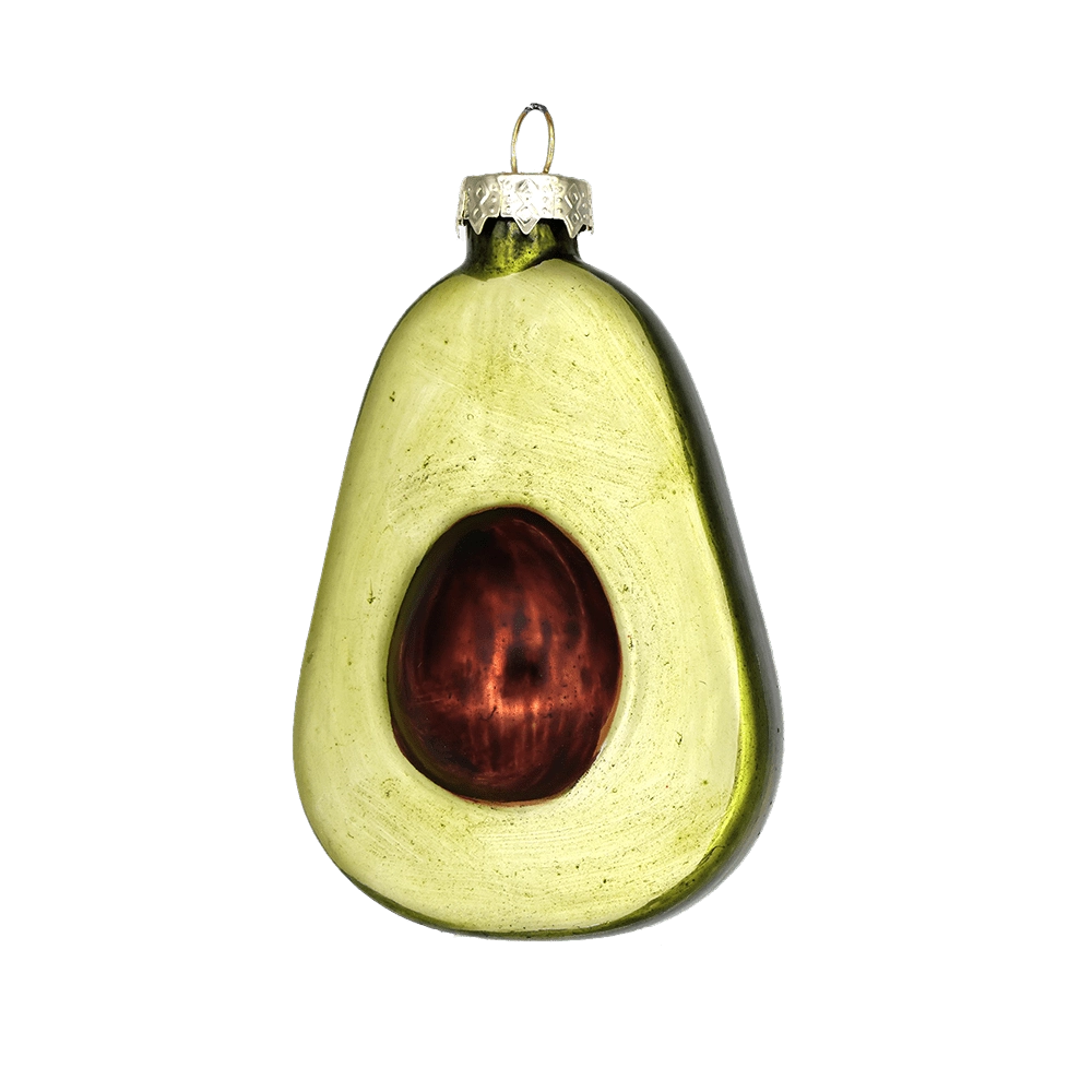 Chive glass avocado ornament shown straight-on with a rich brown pit center.