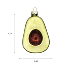 Chive glass avocado ornament with a dimension diagram showing its halved fruit size.