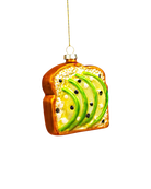 Chive glass avocado toast ornament showing its golden toasted crust edge.