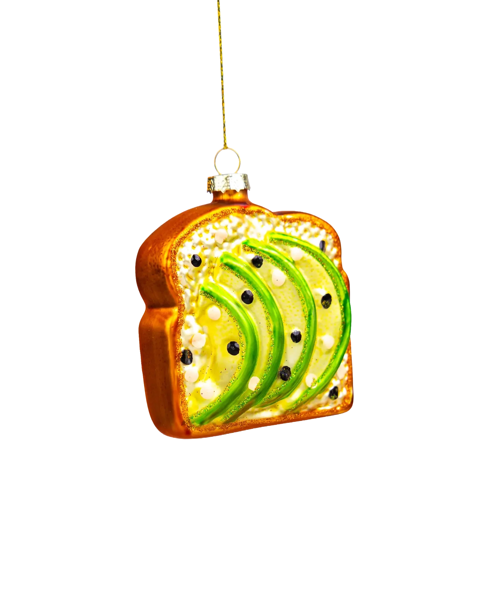 Chive glass avocado toast ornament showing its golden toasted crust edge.