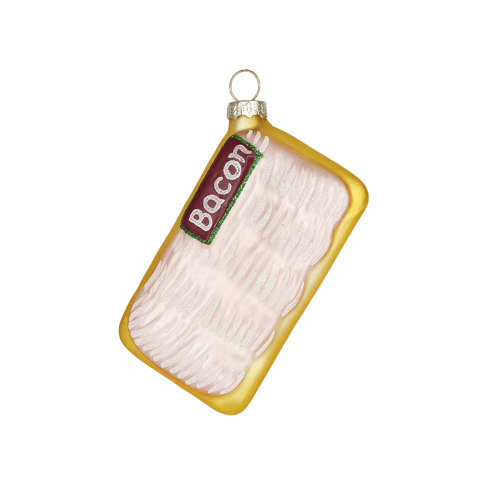 Chive glass bacon package ornament with glittered strip detail and "Bacon" label design.