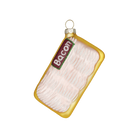 Chive glass bacon package ornament with glittered strip detail and "Bacon" label design.
