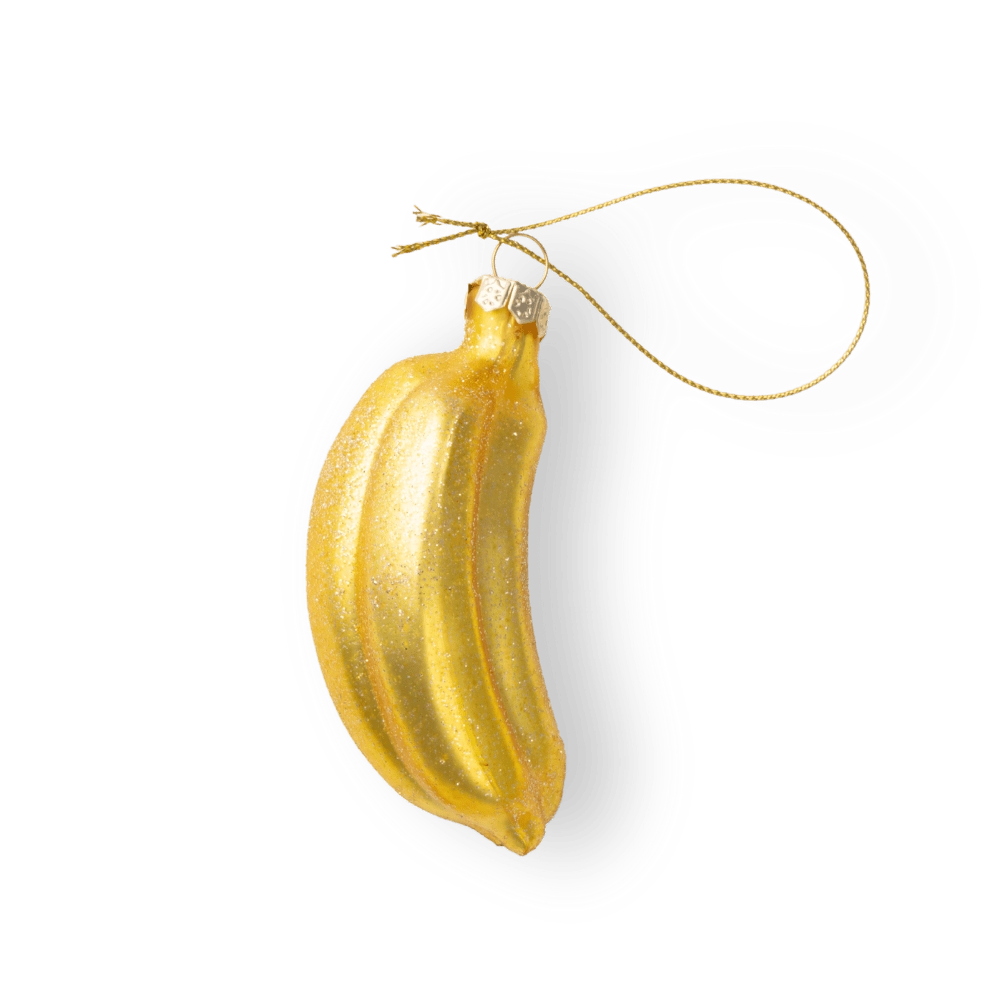 Chive glass banana ornament in yellow with a curved glittered texture.