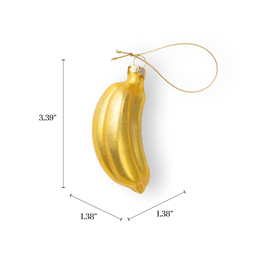 Chive glass banana ornament in yellow with an allover glitter finish.