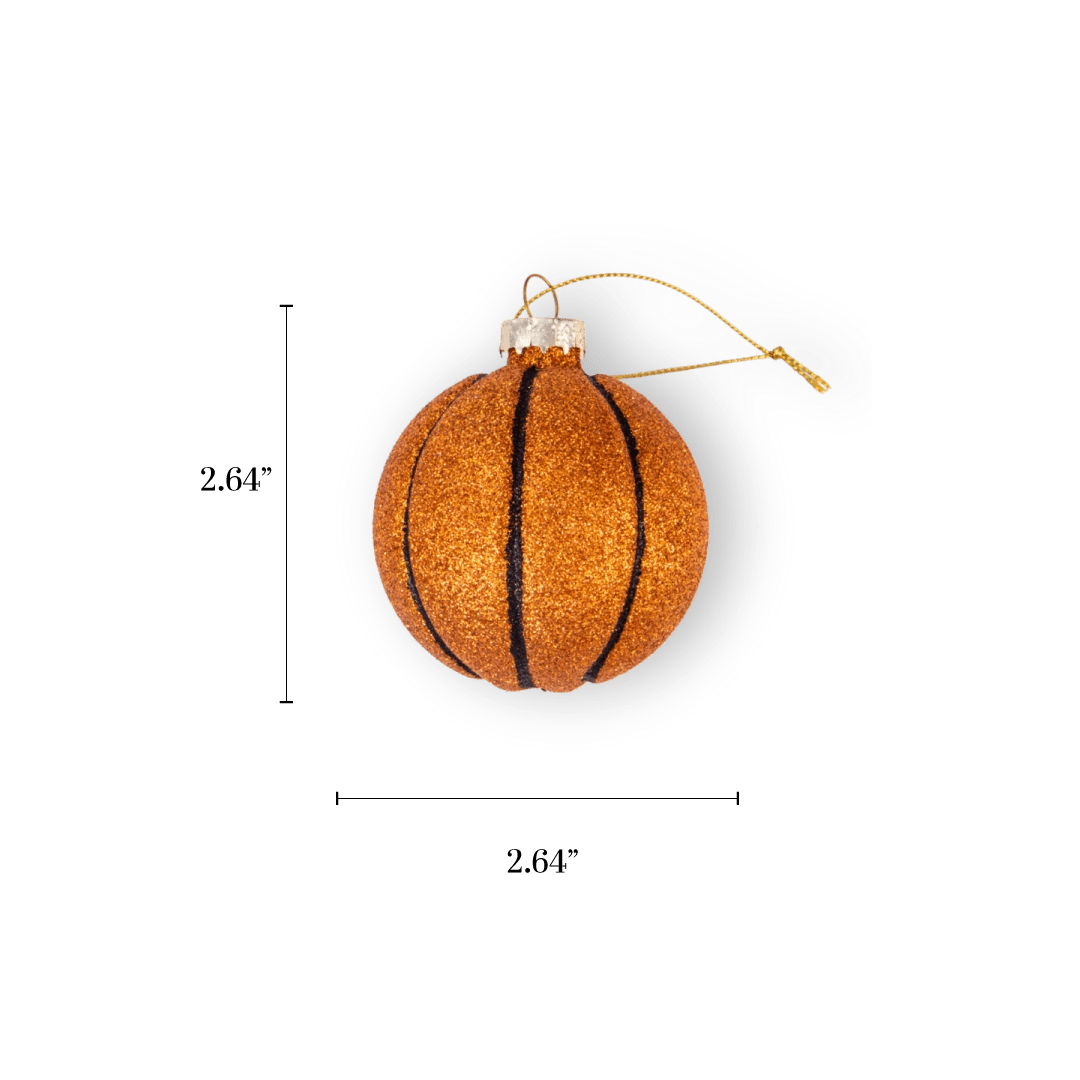 Chive glass basketball ornament in orange glitter with black seam lines.
