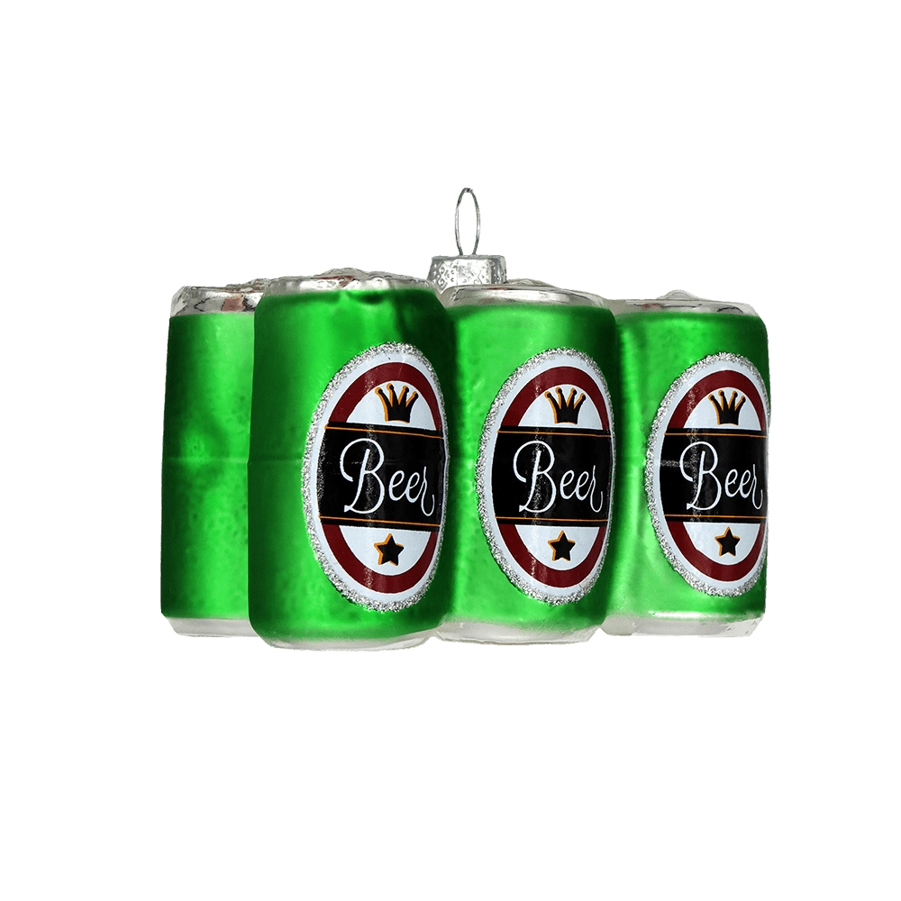 Chive glass six-pack beer cans ornament in green with a generic "Beer" label.