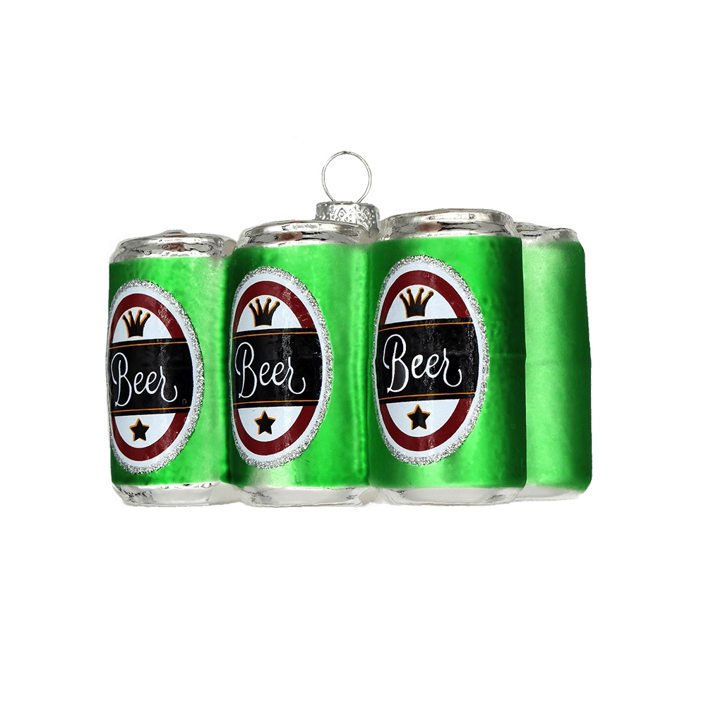 Chive glass beer six-pack ornament in green with silver rim tops and star label.