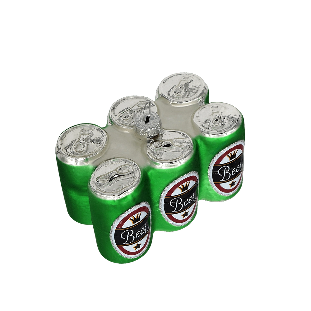 Chive glass beer six-pack ornament, overhead view of silver pull-tab can tops.