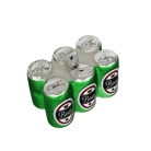 Chive glass beer six-pack ornament, overhead view of silver pull-tab can tops.