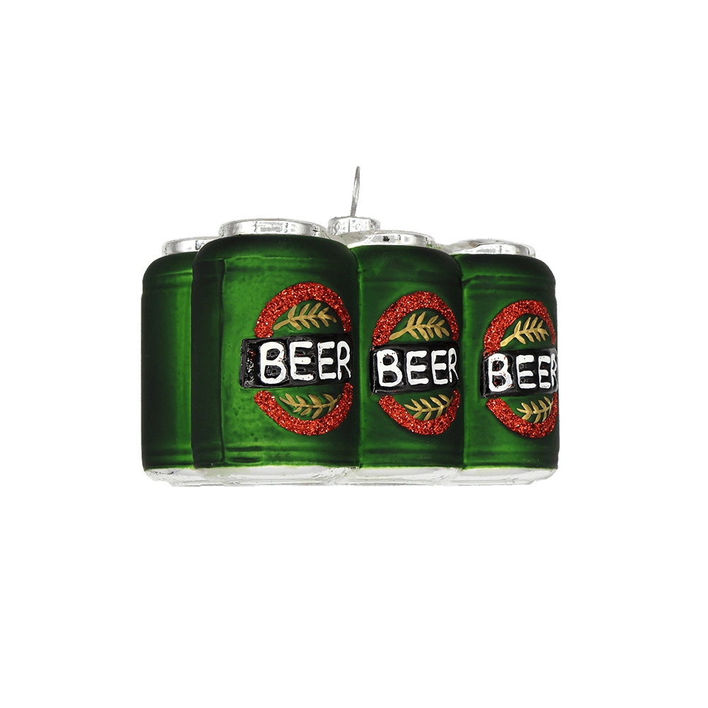 Chive glass beer six-pack ornament in green with a red wreath and wheat design.