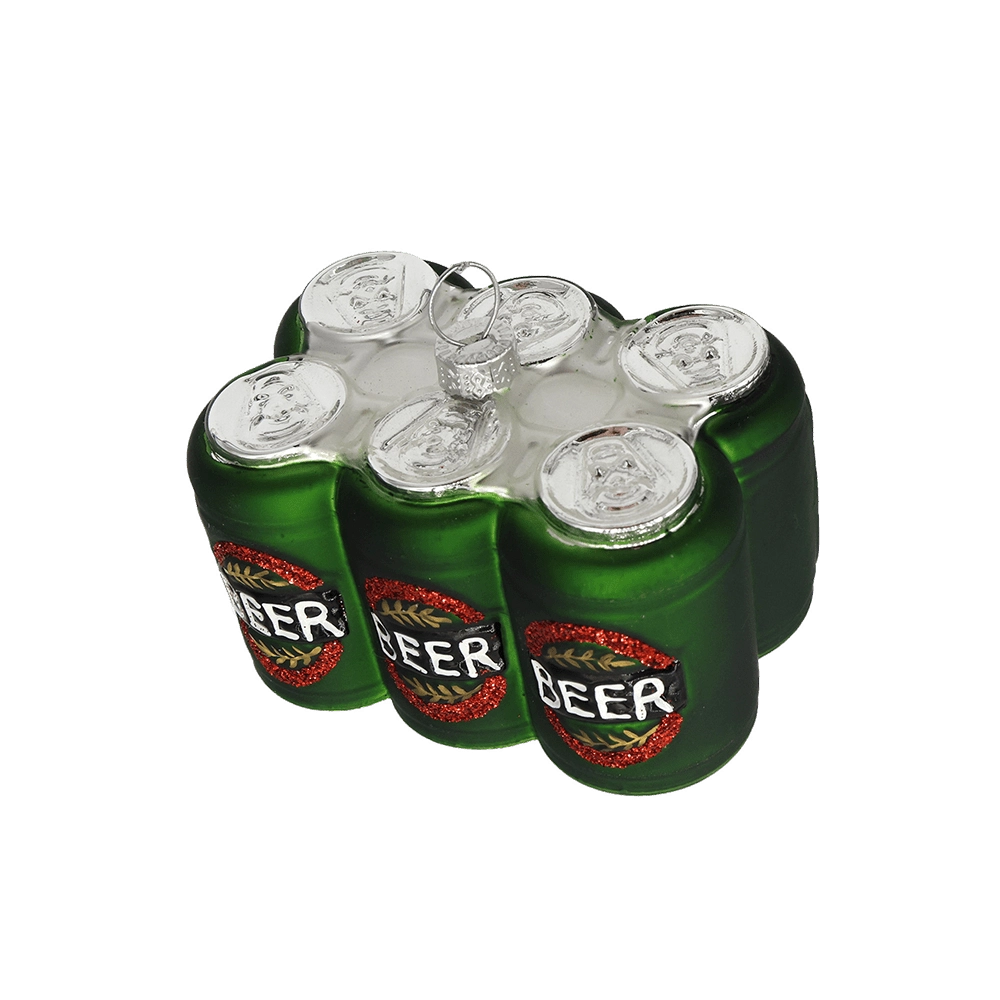Chive glass beer six-pack ornament, overhead view of silver ring-pull tops.