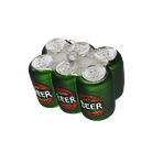 Chive glass beer six-pack ornament, overhead view of silver ring-pull tops.