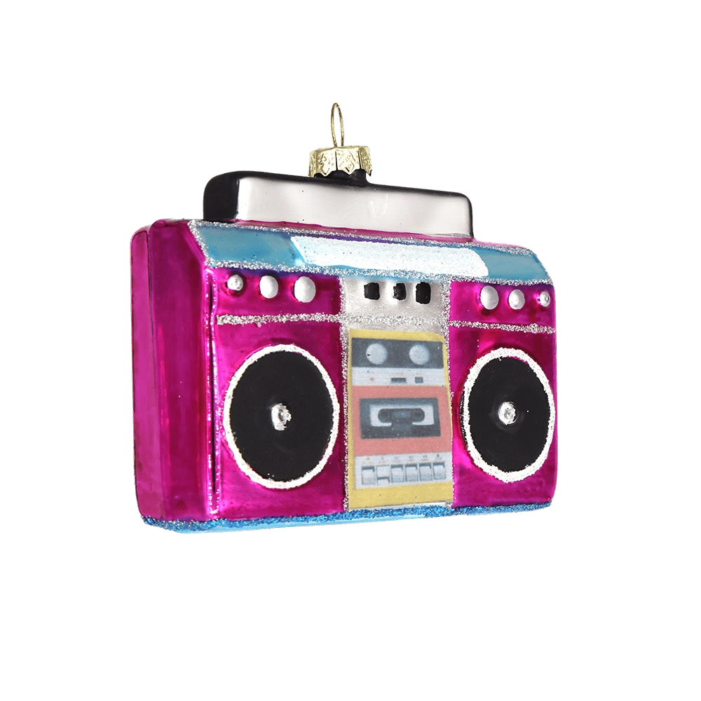 Chive glass boombox ornament in pink with black speakers and a cassette tape detail.