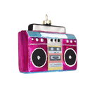 Chive glass boombox ornament in pink with black speakers and a cassette tape detail.