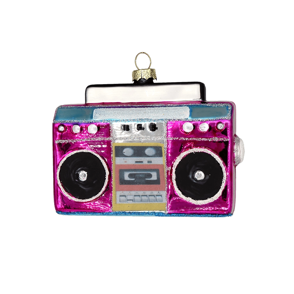 Chive glass boombox ornament shown head-on with silver glitter trim and dial buttons.