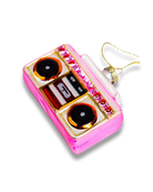 Chive glass boombox ornament in pink with dual glittered speakers.