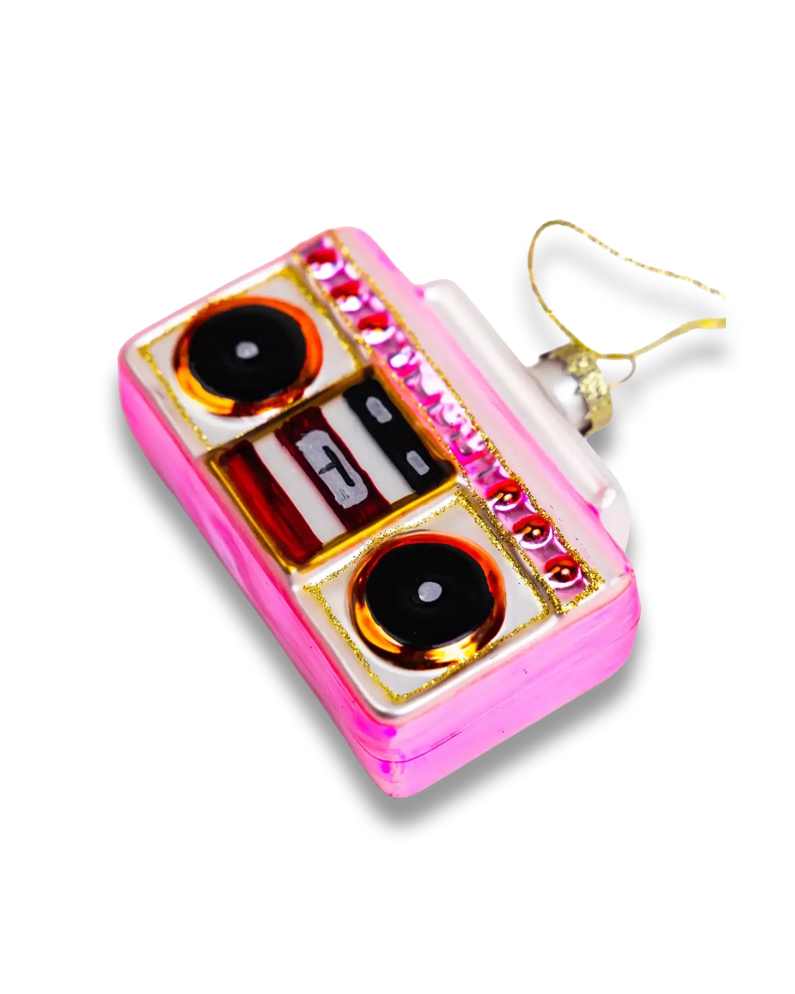 Chive glass boombox ornament in pink with dual glittered speakers.
