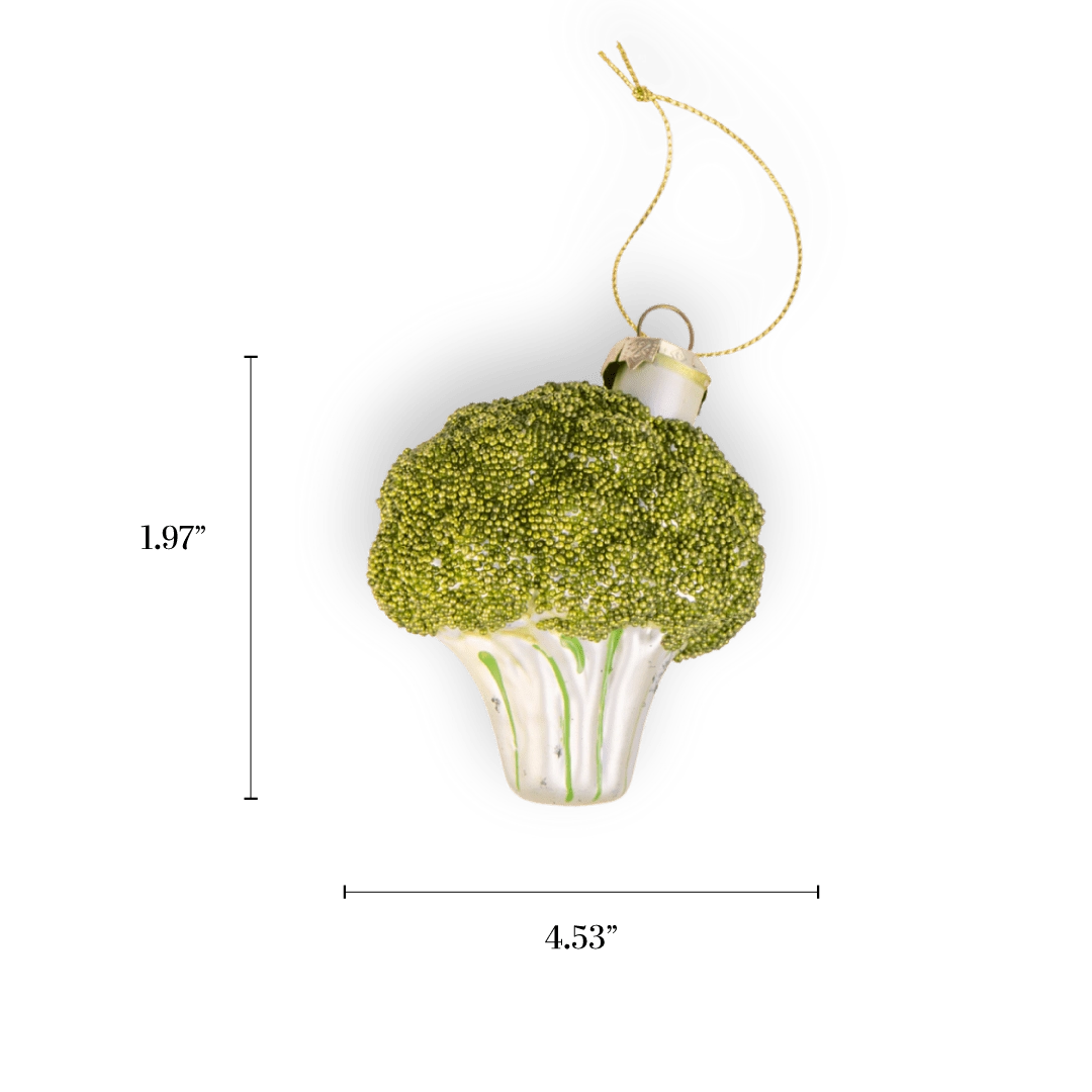 Chive glass broccoli ornament in green with beaded floret texture.