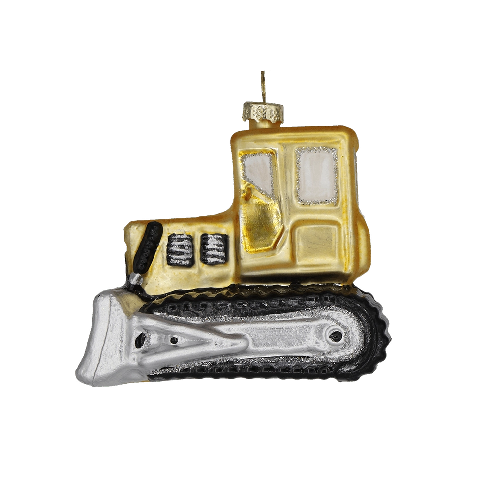 Chive glass bulldozer ornament in gold with a silver front blade and black tracks.