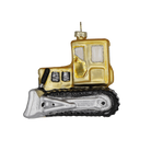 Chive glass bulldozer ornament in gold with a silver front blade and black tracks.