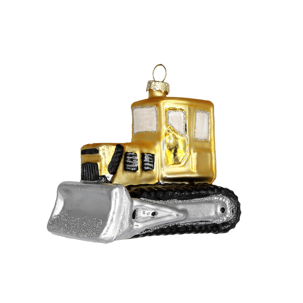 Chive glass bulldozer ornament shown at an angle highlighting the wide silver scoop.