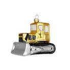 Chive glass bulldozer ornament shown at an angle highlighting the wide silver scoop.