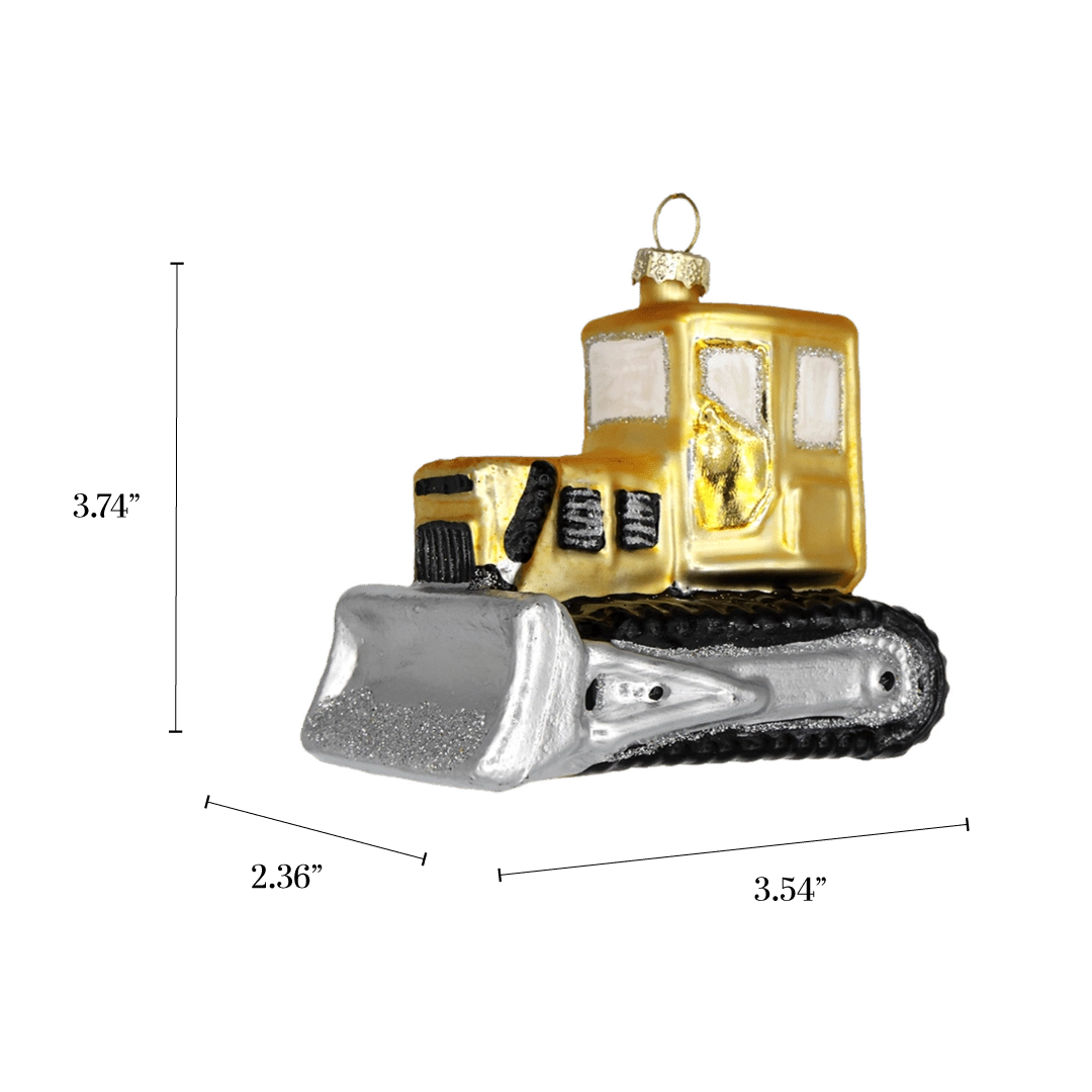 Chive glass bulldozer ornament with a dimension diagram showing its small tabletop scale.