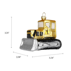 Chive glass bulldozer ornament with a dimension diagram showing its small tabletop scale.