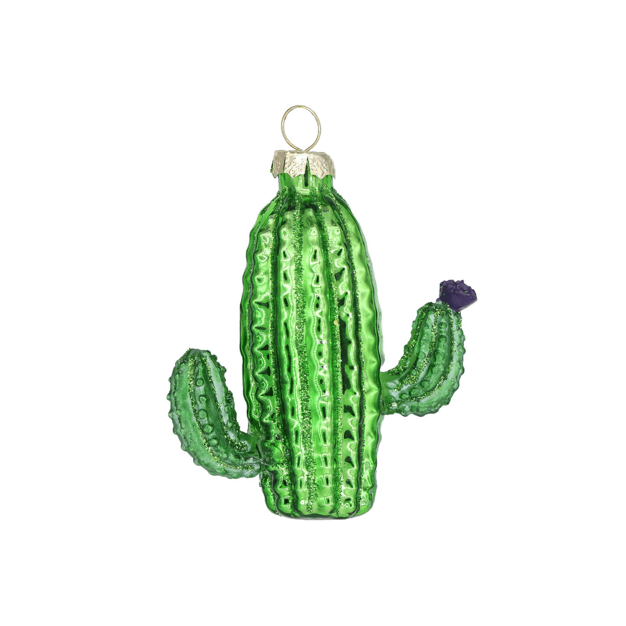 Chive glass saguaro cactus ornament in green with a small purple flower accent.