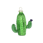 Chive glass saguaro cactus ornament in green with a small purple flower accent.