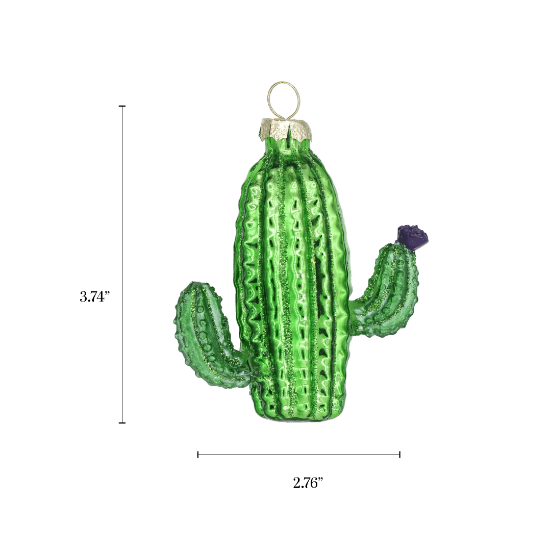 Chive glass saguaro cactus ornament with a dimension diagram showing its tabletop scale.
