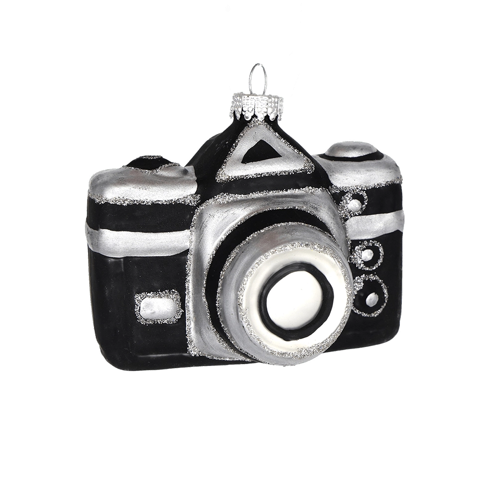 Chive glass camera ornament in black with silver glitter accents and a round lens detail.
