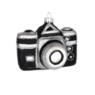 Chive glass camera ornament in black with silver glitter accents and a round lens detail.
