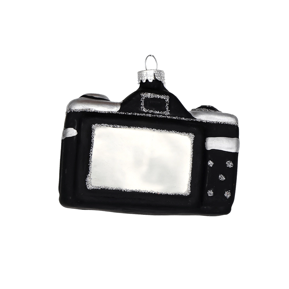 Chive glass camera ornament shown from the back with a mirrored screen and silver trim.