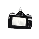 Chive glass camera ornament shown from the back with a mirrored screen and silver trim.