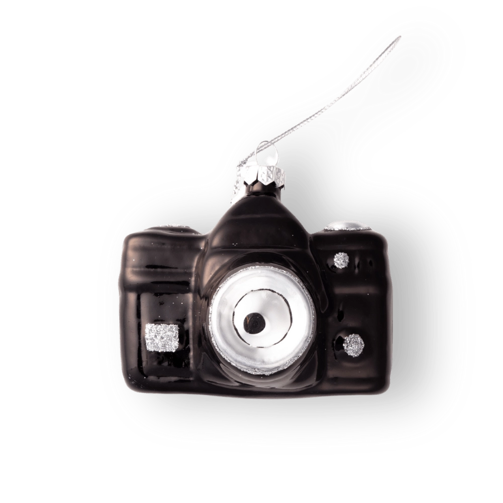Chive glass camera ornament in black with a silver-trimmed cord hanger.