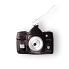 Chive glass camera ornament in black with a silver-trimmed cord hanger.
