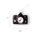 Chive glass camera ornament in black with a silver glitter lens ring.