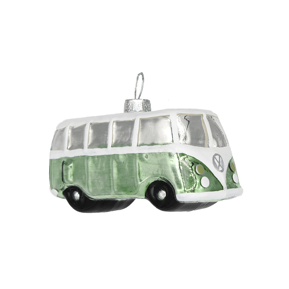 Chive glass camper van ornament in sage green and white with chrome-effect trim.