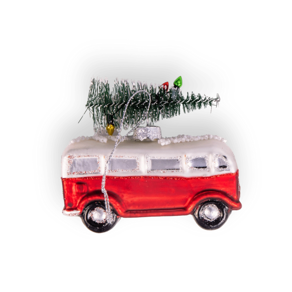 Chive glass camper van ornament in red with a snowy tree and gifts on the roof.