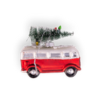 Chive glass camper van ornament in red with a snowy tree and gifts on the roof.