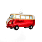 Chive glass camper van ornament in red and white with gold trim accents.