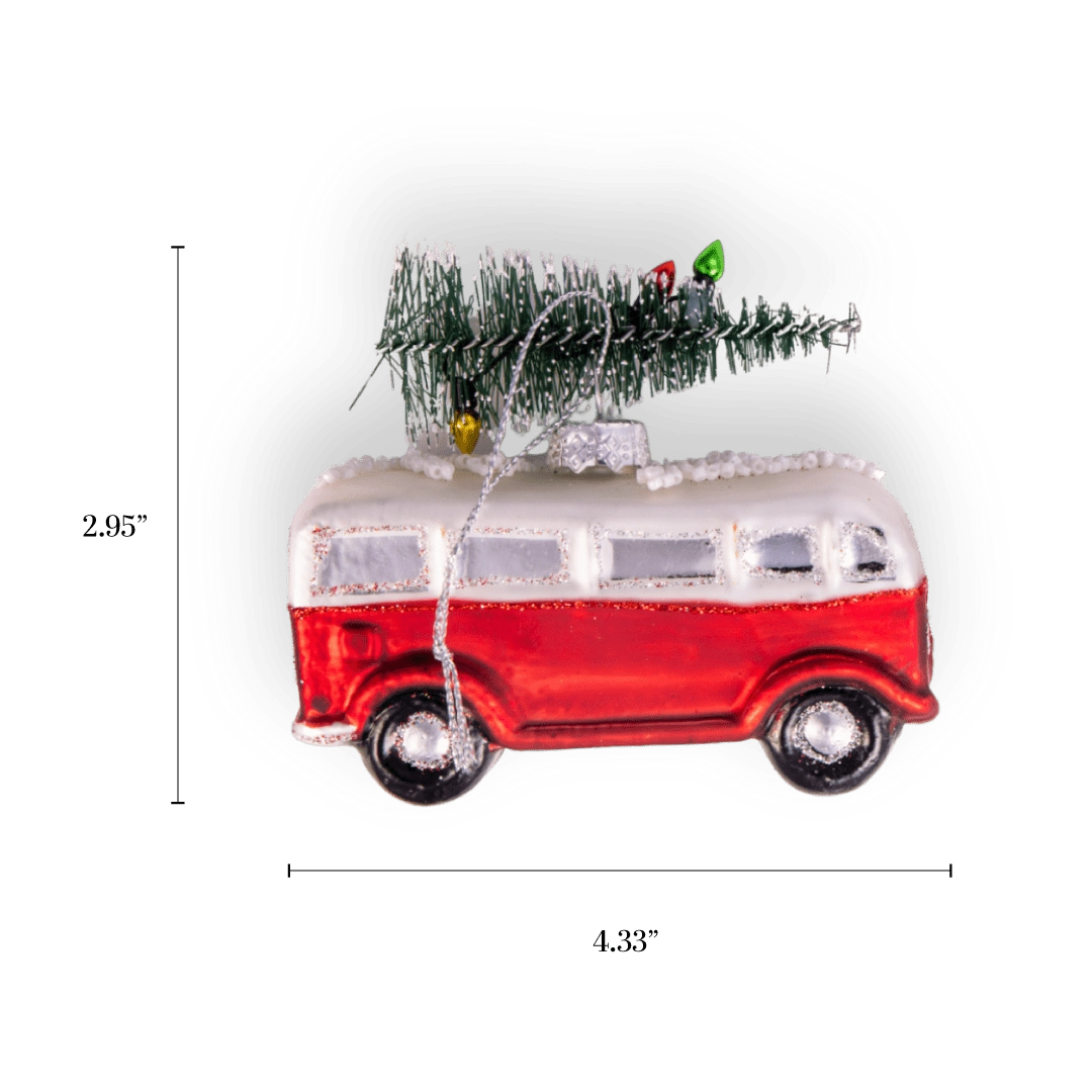 Chive glass camper van ornament in red with white roof, snow trim, and string lights.