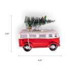Chive glass camper van ornament in red with white roof, snow trim, and string lights.