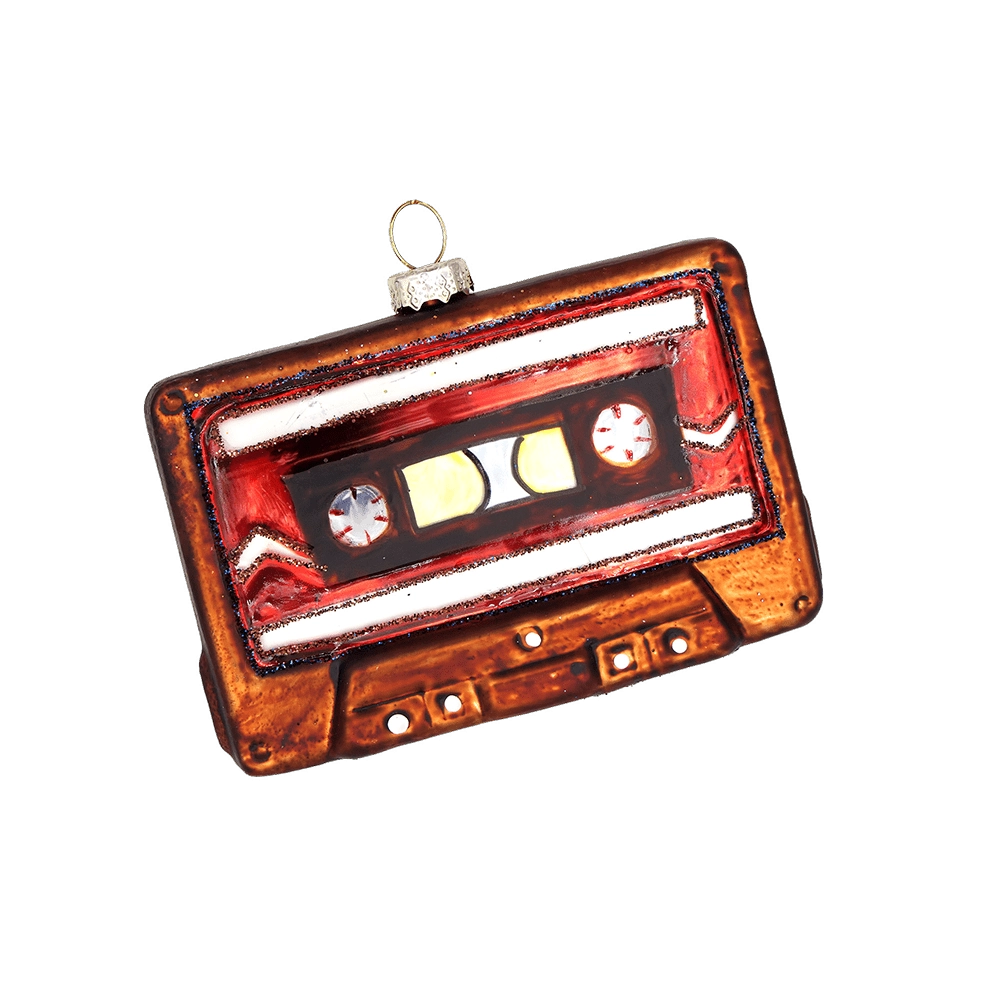 Chive glass cassette tape ornament in amber tones with a red and white label design.
